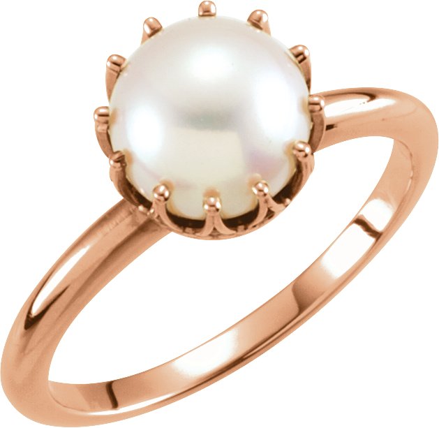 14K Rose Cultured White Freshwater Pearl Crown Ring 