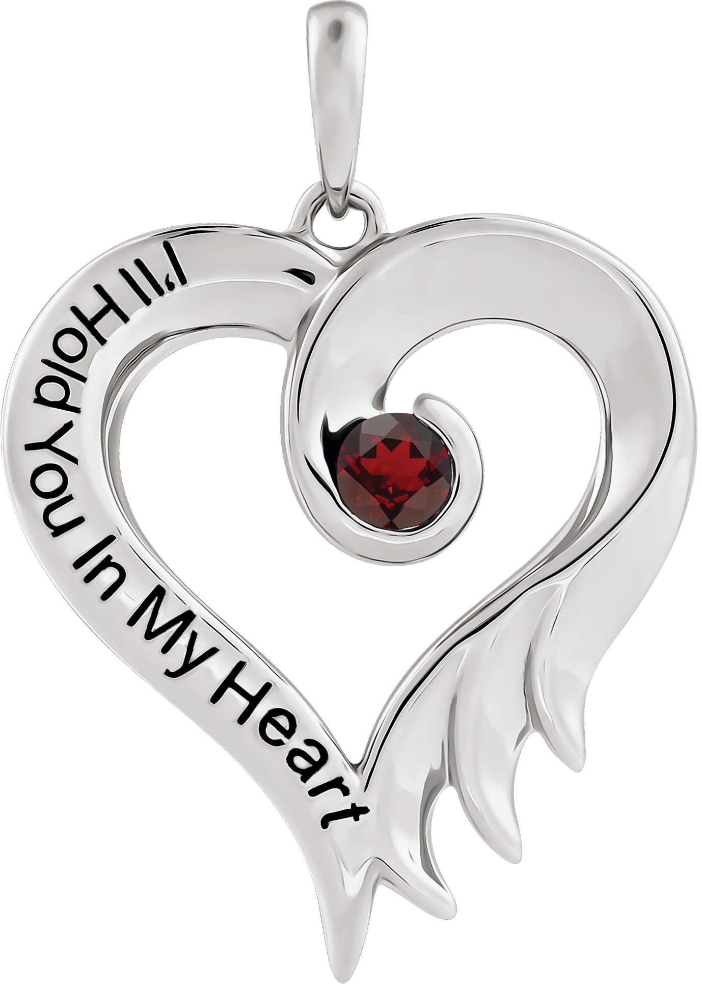 Sterling Silver Natural Mozambique Garnet & Engraved I-ll Hold You In My Heart Pendant