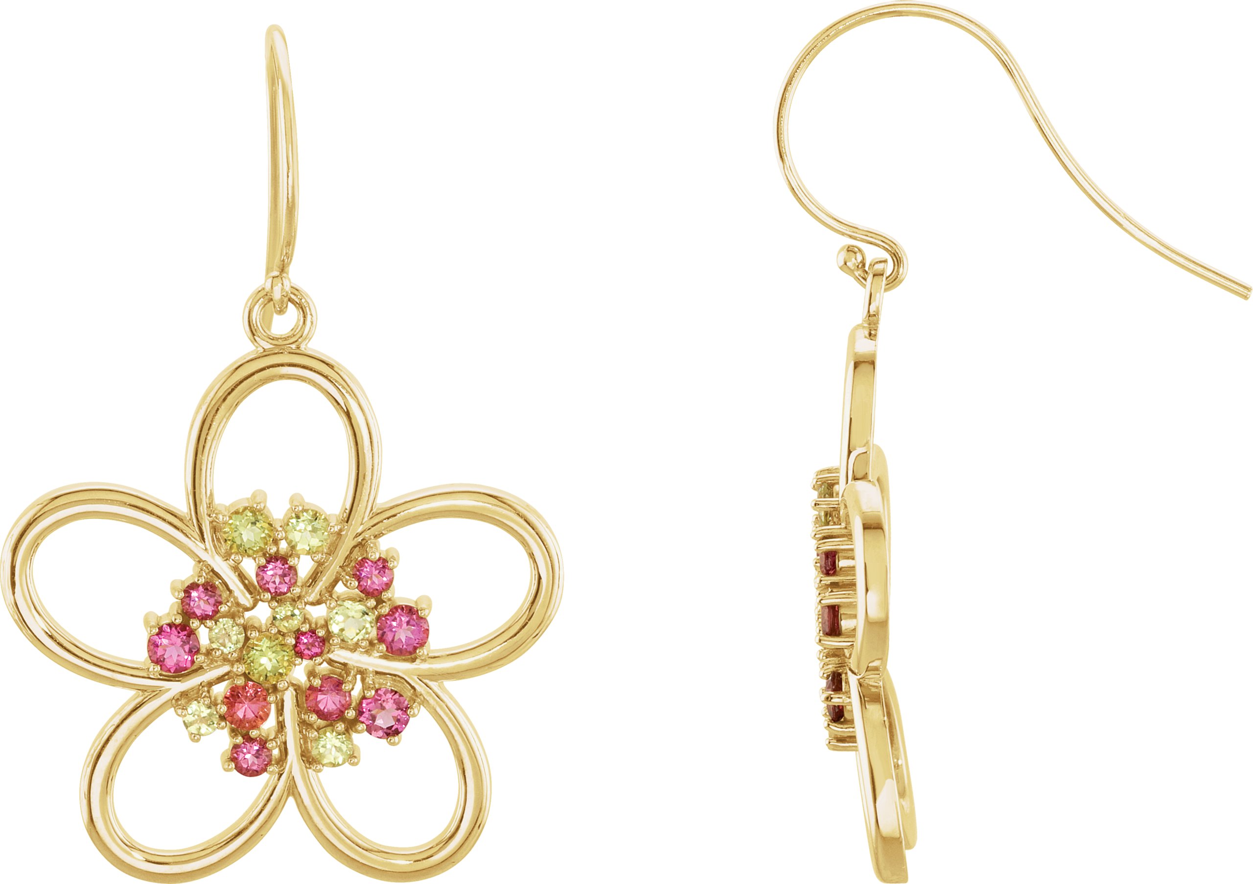 14K Yellow Peridot and Pink Tourmaline Flower Earrings Ref 3415406