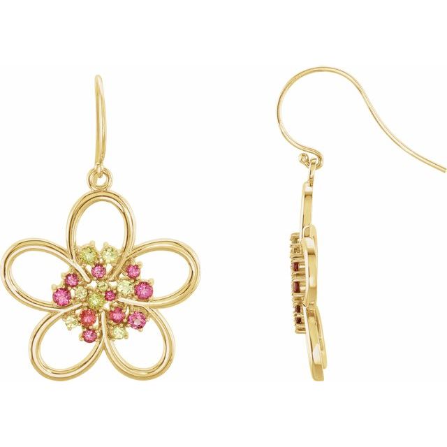 14K Yellow Natual Peridot & Natual Pink Tourmaline Flower Earrings
