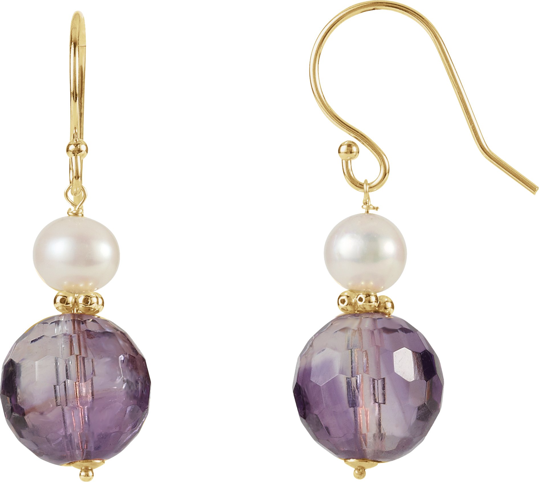 14K Yellow Natural Amethyst & Cultured White Freshwater Pearl Earrings