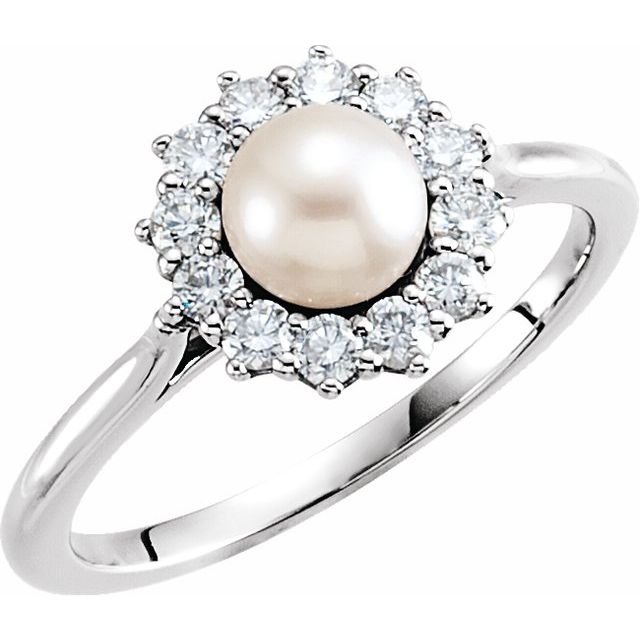 14K White Cultured White Freshwater Pearl & 1/3 CTW Natural Diamond Ring