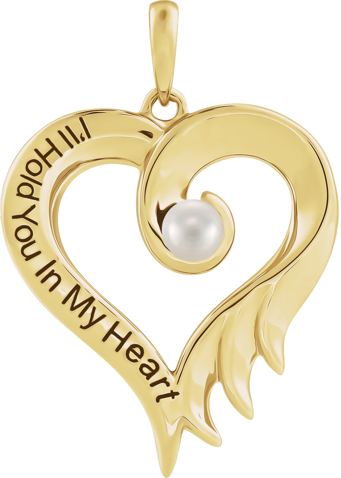 14K Yellow Cultured White Freshwater Pearl & Engraved I-ll Hold You In My Heart Pendant