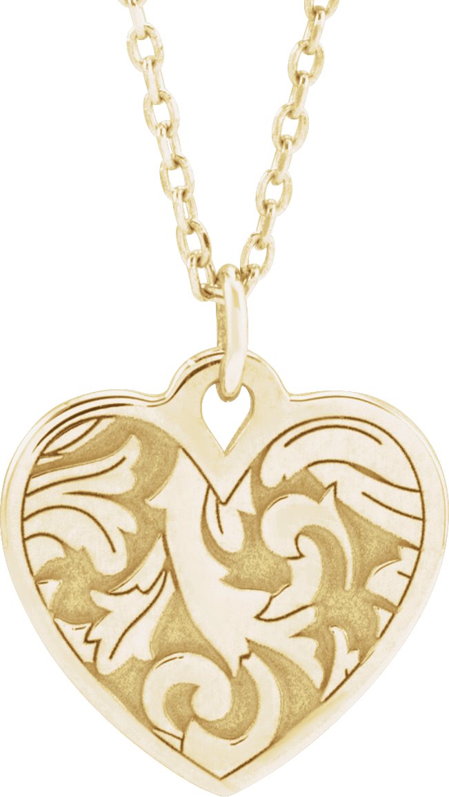 14K Yellow Engravable Floral Heart 16-18" Necklace