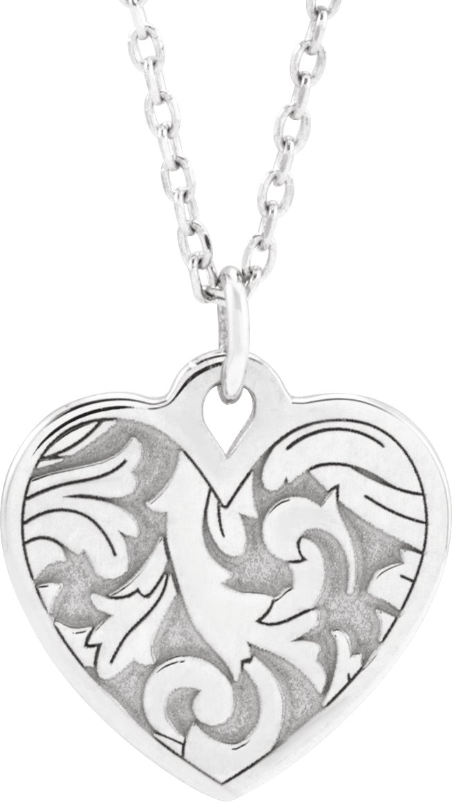 14K White Engravable Floral Heart 16-18" Necklace