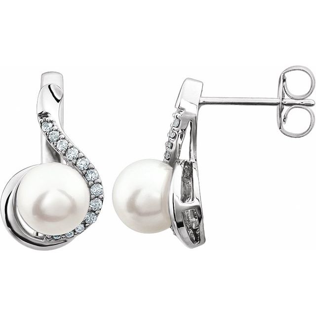 14K White 7-7.5 mm Freshwater Pearl & 1/5 CTW Diamond Earrings