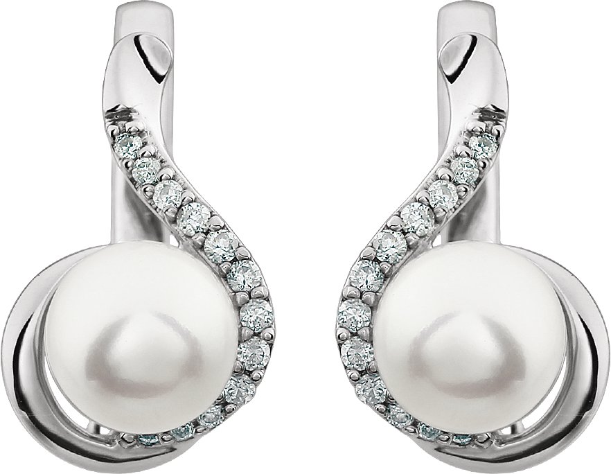 Alternative view of Cultured White Freshwater Pearl And 1/5 CTW Natural Diamond Earrings – 14K White Gold
