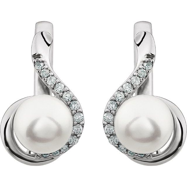 14K White 7-7.5 mm Freshwater Pearl & 1/5 CTW Diamond Earrings