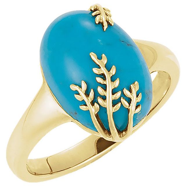 14K Yellow 14x10 mm Chinese Natura Turquoise Leaf Design Ring