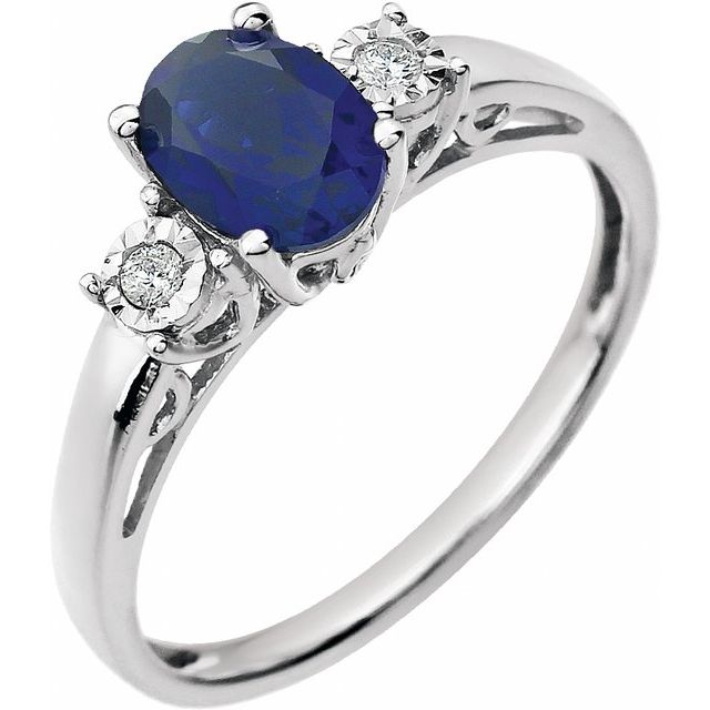 14K White Lab-Grown Blue Sapphire & .04 CTW Natural Diamond Ring