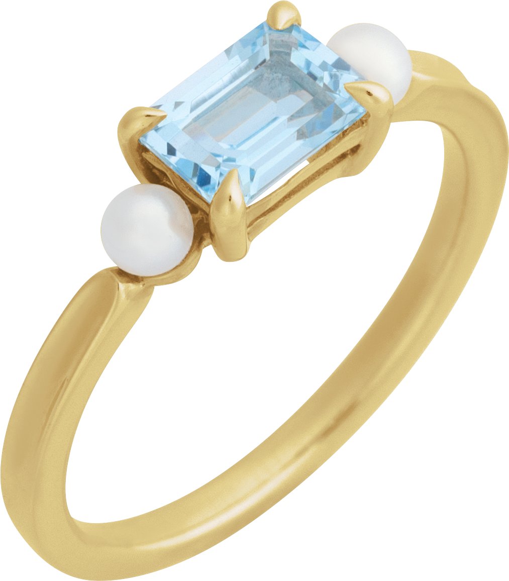 14K White 7x5 mm Emerald Cultured White Akoya Pearl Semi-Set Ring