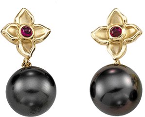 Tahitian Cultured Pearl and Genuine Ruby Flower Earrings 12mm Ref 235238