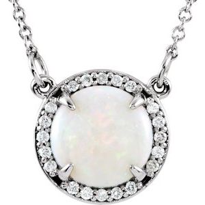 14K White Natural White Opal & .05 CTW Natural Diamond 16" Necklace