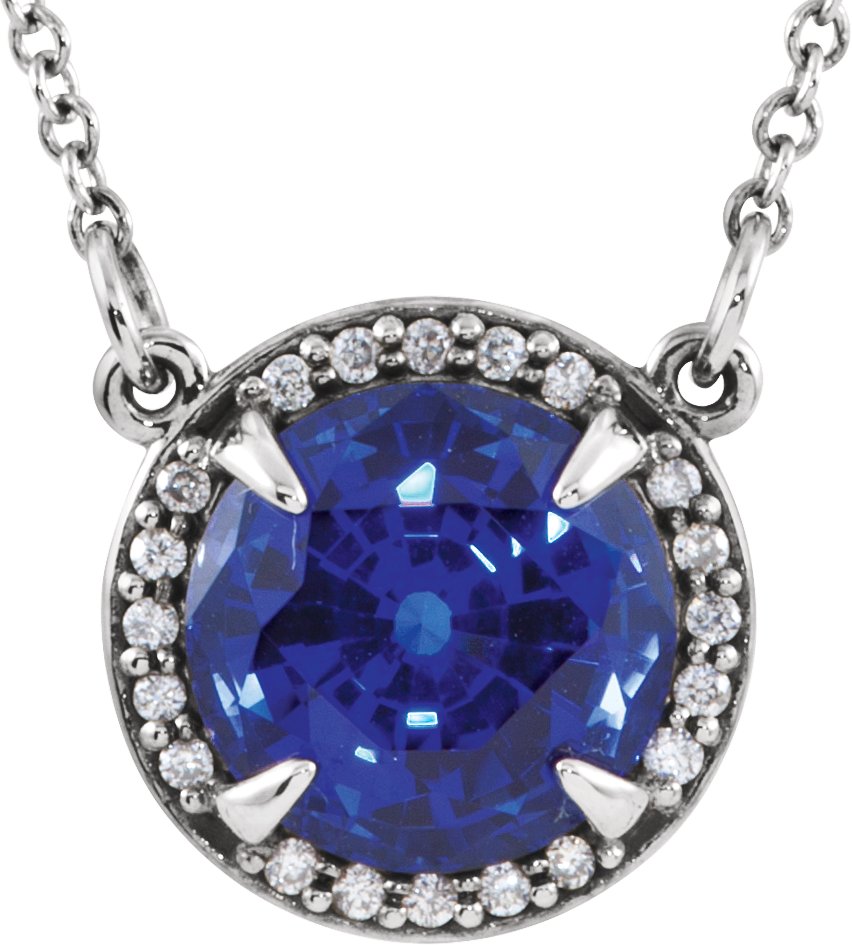 14K White 7 mm Round Chatham Created Blue Sapphire and .04 CTW Diamond 16 inch Necklace Ref 13127212
