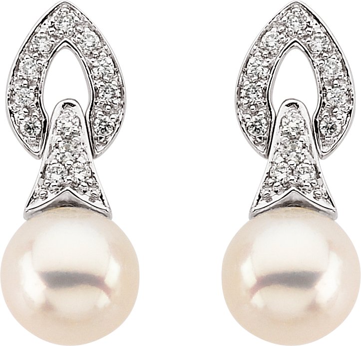 Alternative view of Cultured White Freshwater Pearl And 1/6 CTW Natural Diamond Earrings – 14K White Gold