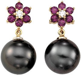 Tahitian Pearl and Rhodolite Garnet Earrings 11mm .13 CTW Ref 693472