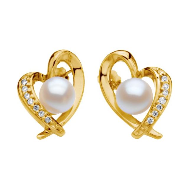 14K Yellow Cultured White Akoya Pearl & 1/6 CTW Natual Diamond Heart Earrings