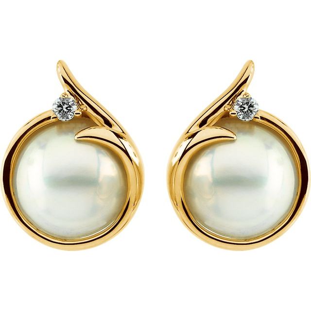 14K Yellow Mabé Pearl & 1/8 CTW Natural Diamond Earrings