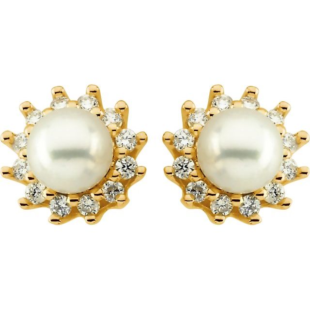 14K Yellow Cultured White Akoya Pearl  & 1/3 CTW Natural Diamond Earrings 