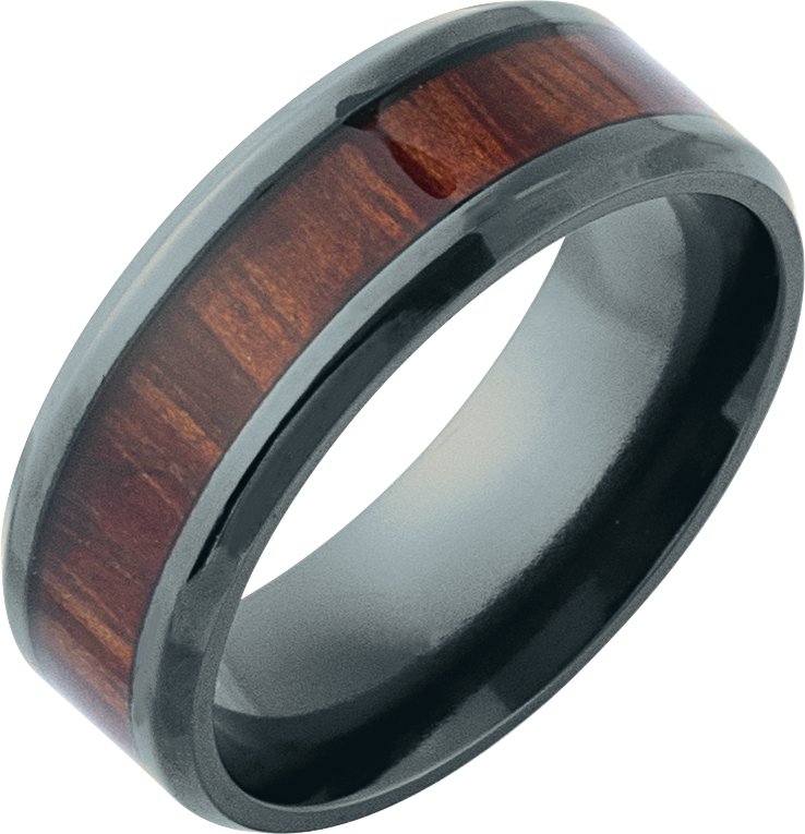 Black Titanium 8 mm Beveled-Edge Golden Pineapple Wood Inlay Comfort-Fit Band Size 10