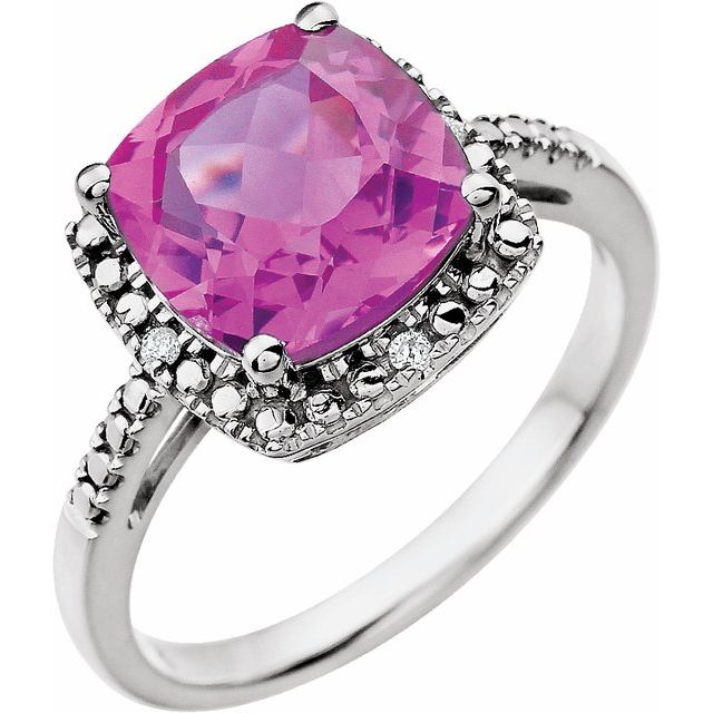 14K White Lab-Grown Pink Sapphire & .03 CTW Natural Diamond Ring  