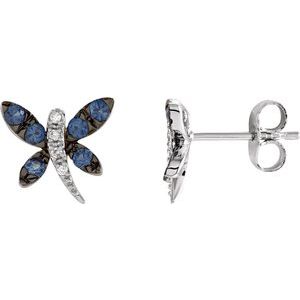 14K White Natural Blue Sapphire & .04 CTW Natural Diamond Dragonfly Earrings  