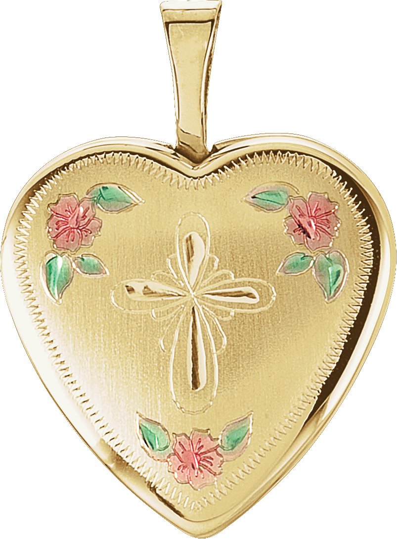 14K Yellow 21.4x15.8 mm Tri-Color Cross & Roses Locket