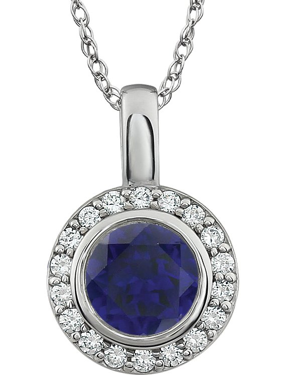 Sterling Silver 7 mm Round Dark Blue Cubic Zirconia Halo-Style 18" Necklace