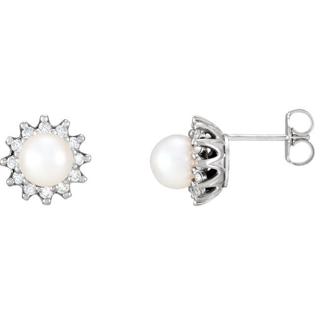 14K White Cultured White Akoya Pearl  & 1/3 CTW Natural Diamond Earrings 