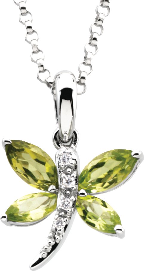14K White Natural Peridot & .02 CT Natural Diamond Dragonfly 18" Necklace
