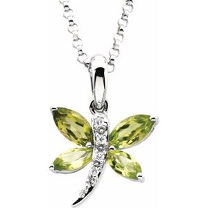 14K White Natural Peridot & .02 CT Natural Diamond Dragonfly 18" Necklace