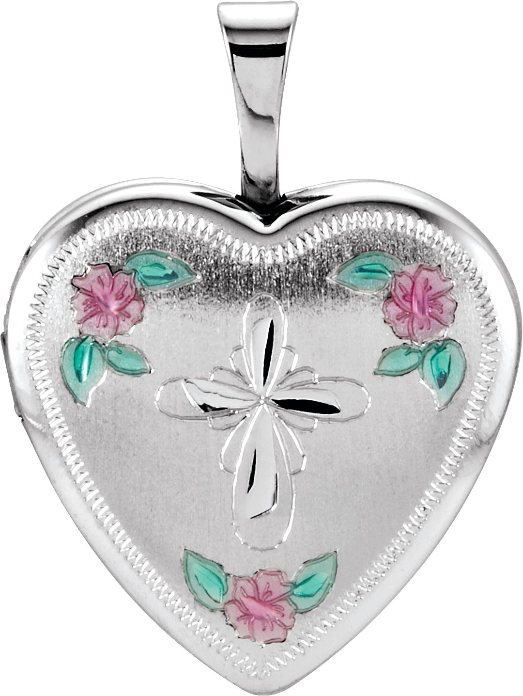 Sterling Silver 21.4x15.8 mm Tri-Color Cross & Roses Locket