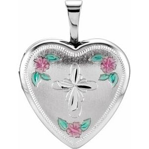 Sterling Silver 21.4x15.8 mm Tri-Color Cross & Roses Locket