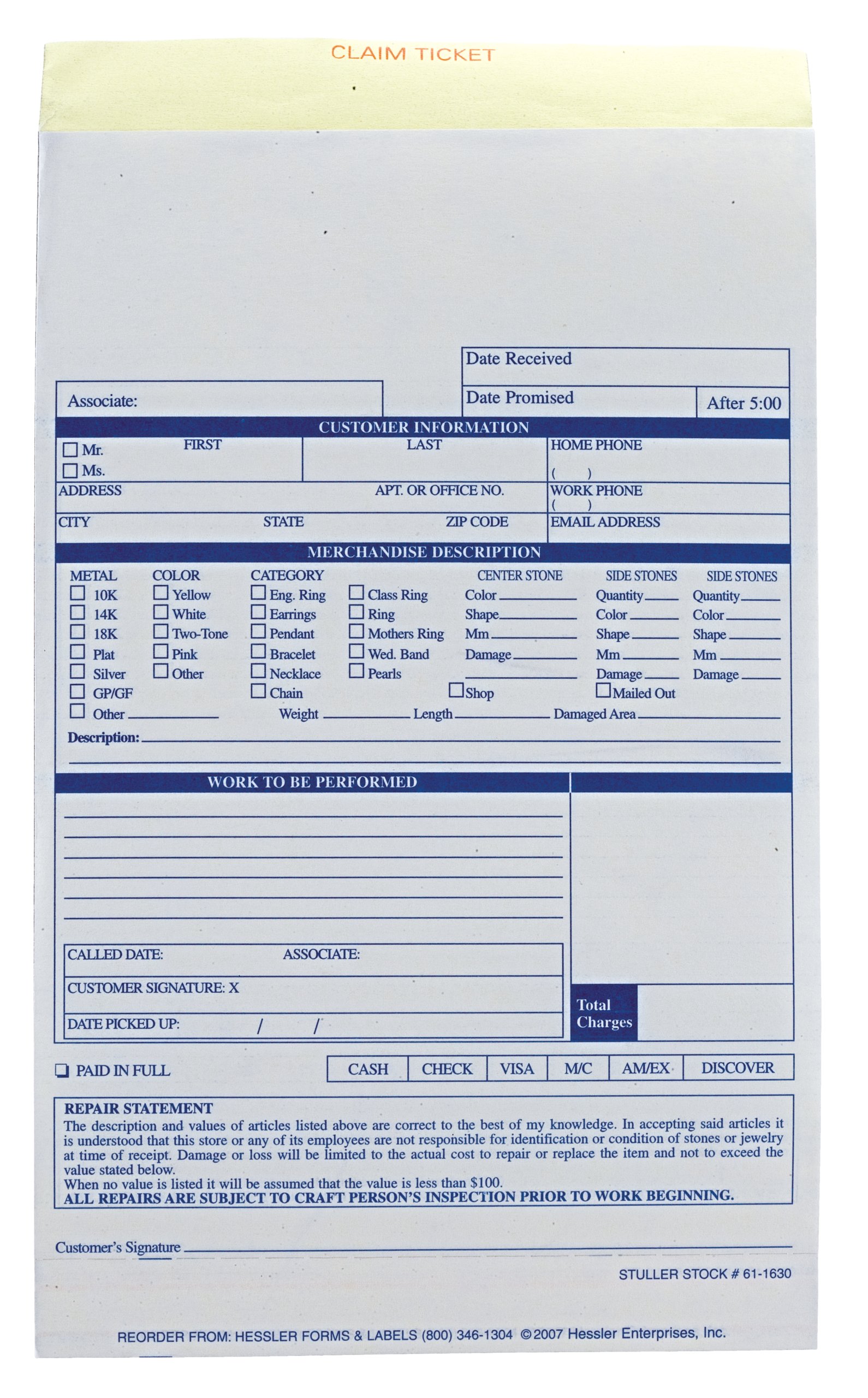 Jewelry Repair Forms - Pack of 500