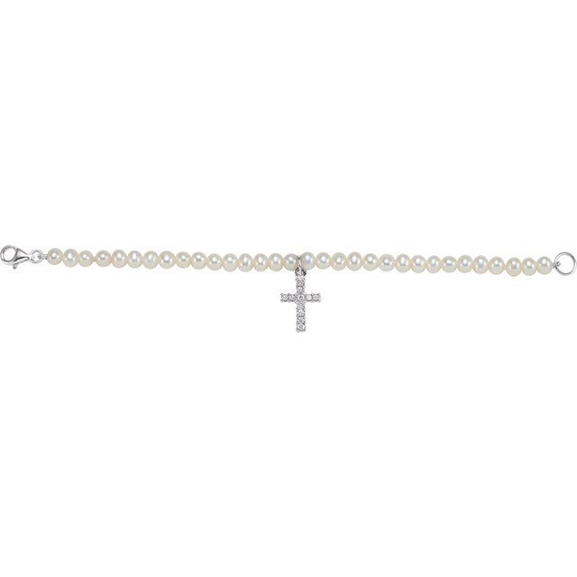 Sterling Silver Cultured White Freshwater Pearl & Imitation White Cubic Zirconia Cross 5.5