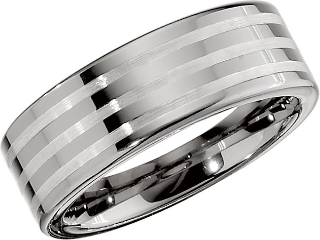 Tungsten & Sterling Silver Inlay 8.3 mm Flat Band Size 11.5