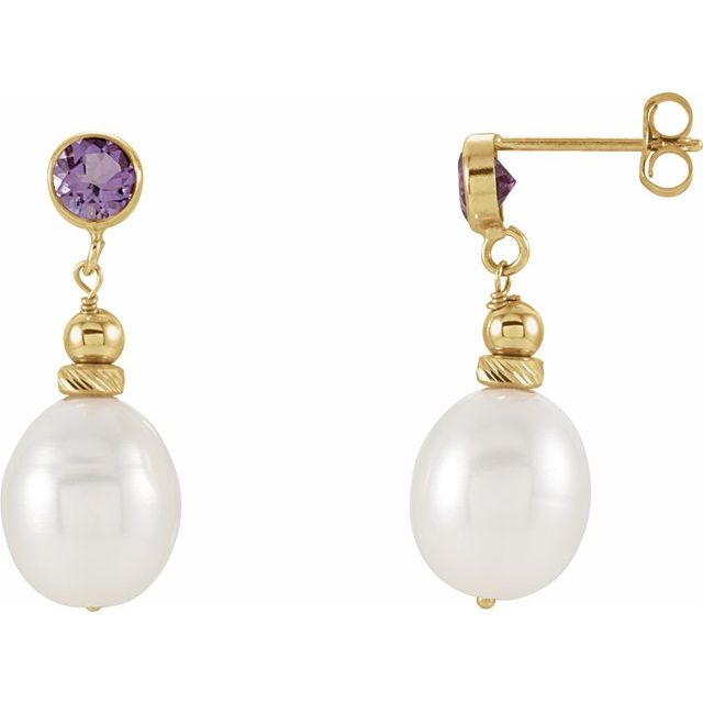 14K Yellow Cultured White Freshwater Pearl & Natural Amethyst Earrings