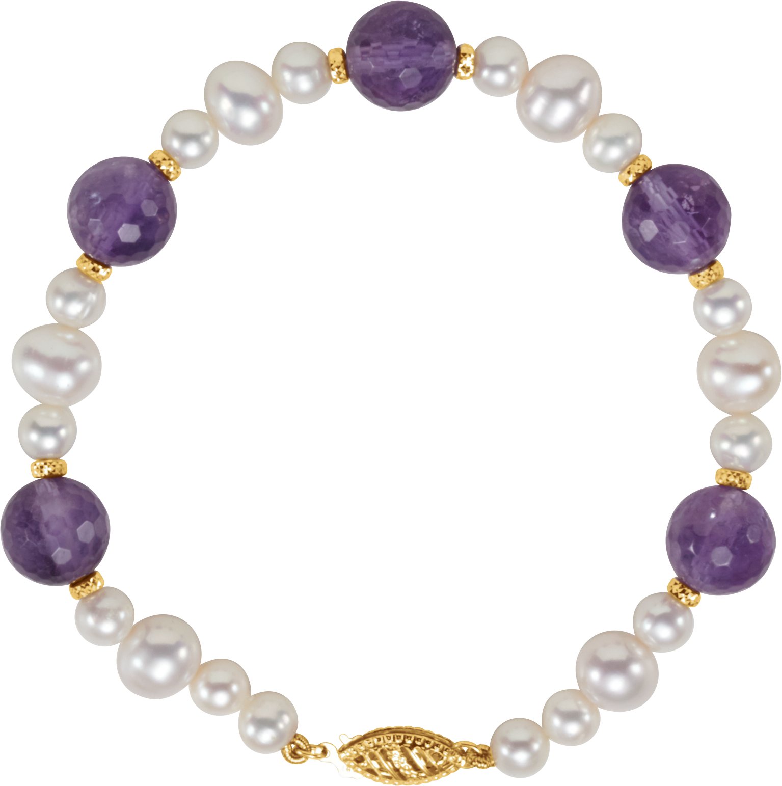 14K Yellow Natural Amethyst & Cultured White Freshwater Pearl 7 1/2" Bracelet 