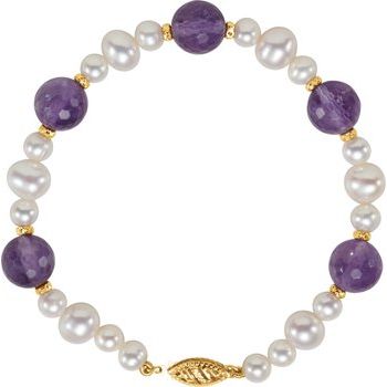 14K Yellow Freshwater Cultured Pearl and Amethyst 7.5 inch Bracelet Ref. 3679086