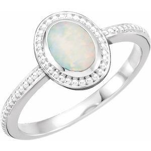 14K White Natural White Opal Cobochon Ring