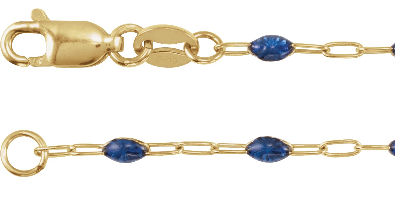 14K Yellow Gold-Filled 1.6 mm Blue Enamel Bead Paperclip-Style 7" Chain