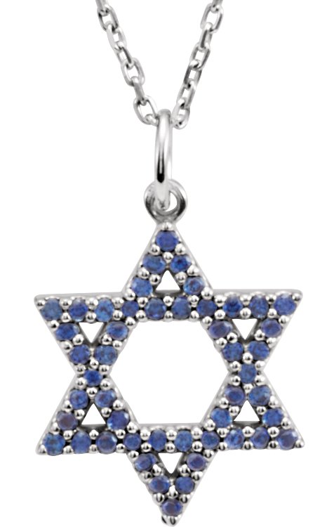 14K White Natural Blue Sapphire Star of David 16" Necklace