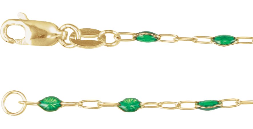 14K Yellow Gold-Filled 1.6 mm Green Enamel Bead Paperclip-Style 18" Chain