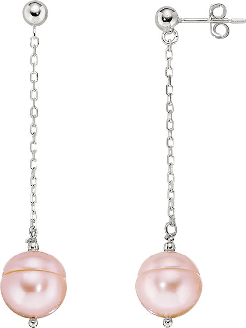 14K White Freshwater Cultured Pink Pearl Chain Earrings