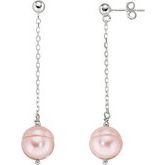14K White Freshwater Cultured Pink Pearl Chain Earrings