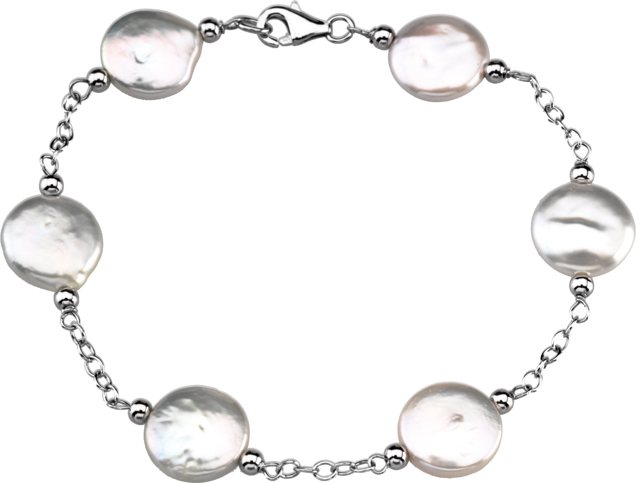 Sterling Silver 12 13 mm Freshwater Cultured White Coin Pearl Station 7.5 inch Bracelet Ref. 2396499