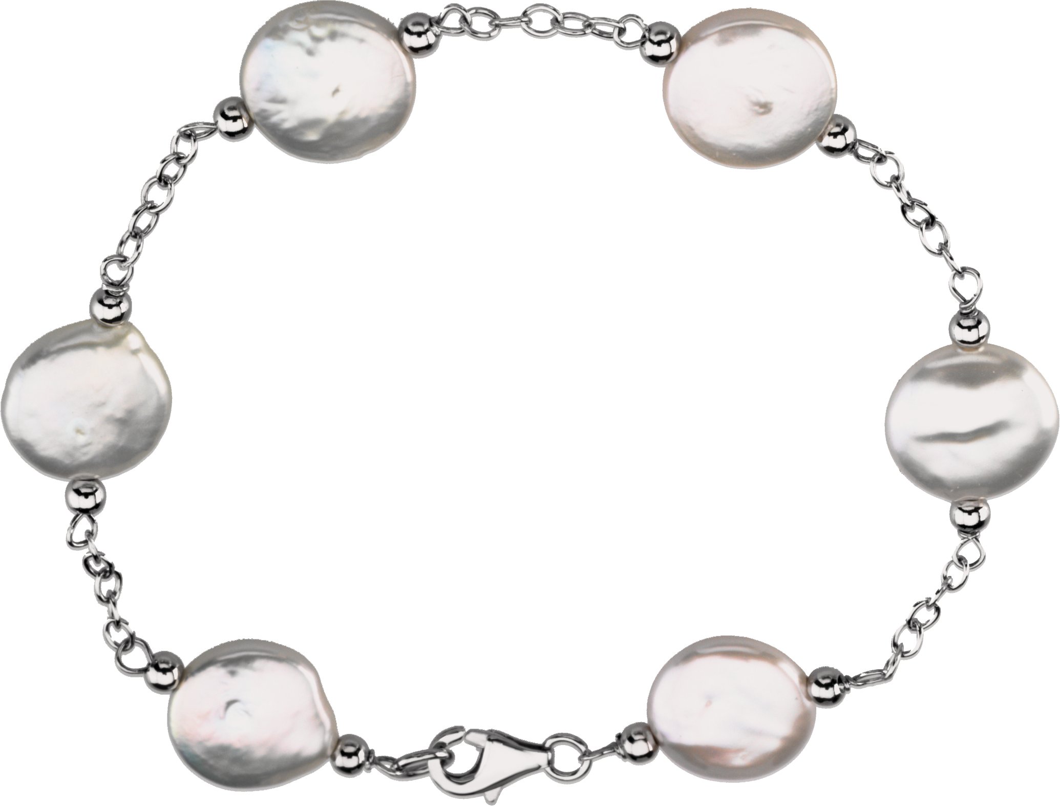 Sterling Silver 12 13 mm Freshwater Cultured White Coin Pearl Station 7.5 inch Bracelet Ref. 2396499