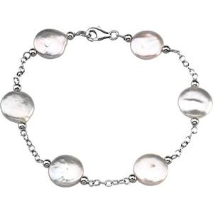 Sterling Silver 12-13 mm Cultured White Freshwater Pearl Coin 7" Bracelet