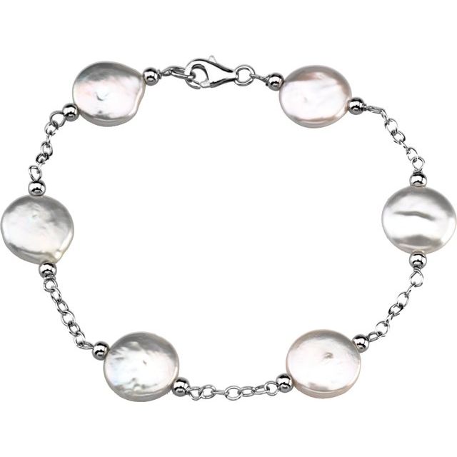 Sterling Silver 12-13 mm Cultured White Freshwater Pearl Coin 7 1/2