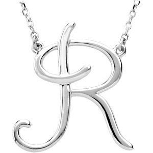 Sterling Silver Script Initial R 16" Necklace